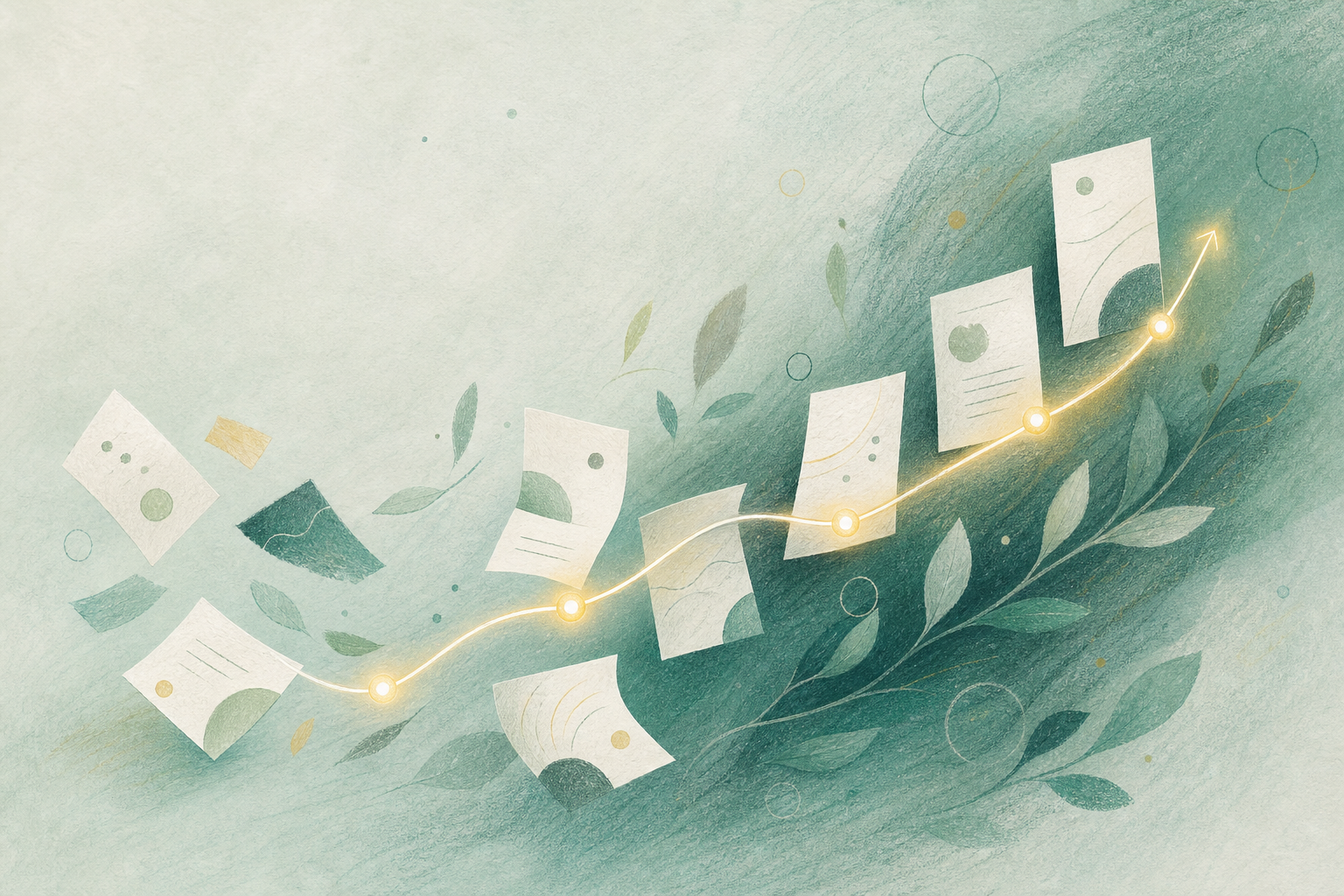 抽象数据卡片沿发光路径逐渐排列清晰的手绘插画 / Hand-drawn abstract data cards becoming ordered along a glowing path