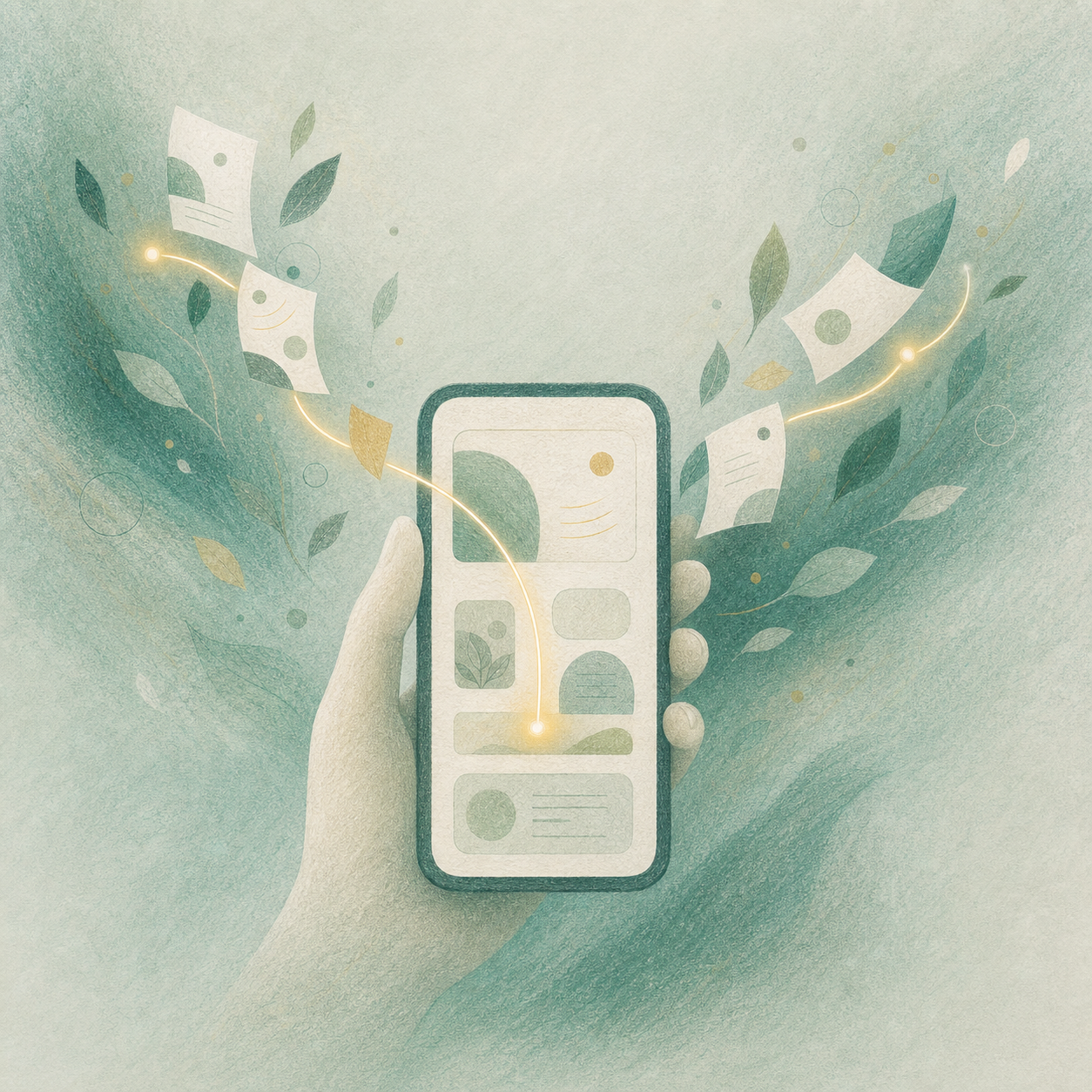 信息沿柔和路径进入个人设备并安静排列的手绘插画 / Hand-drawn information settling calmly on a personal device